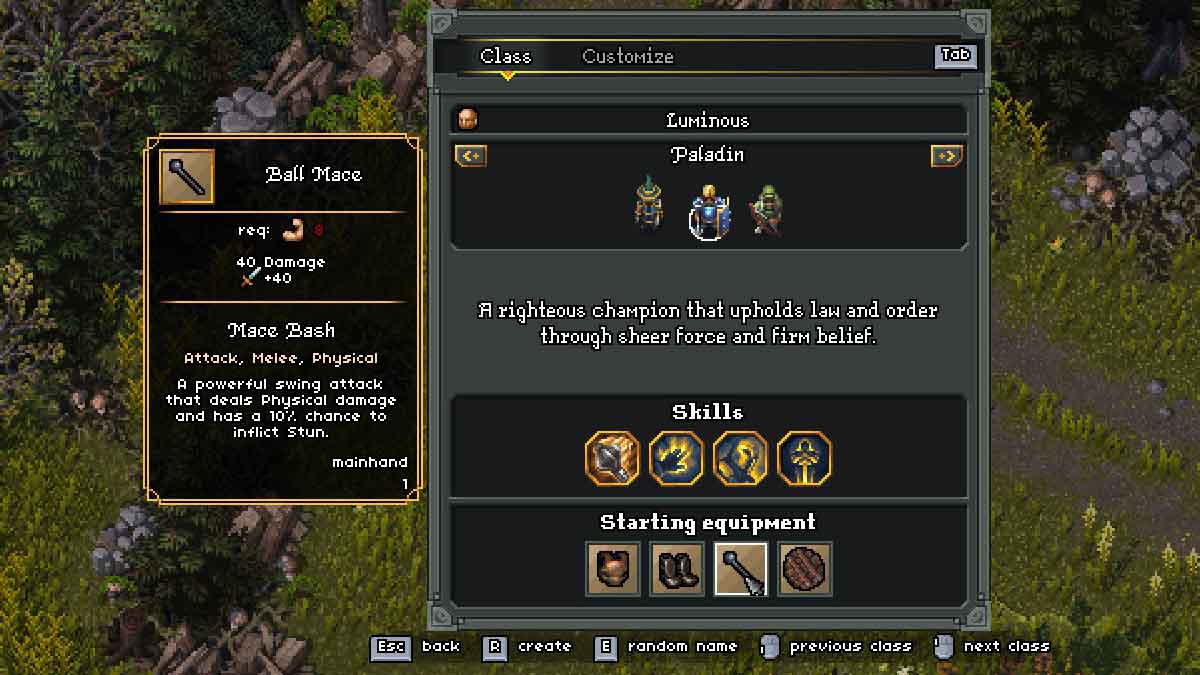 Paladin class menu in Heroes of Hammerwatch 2