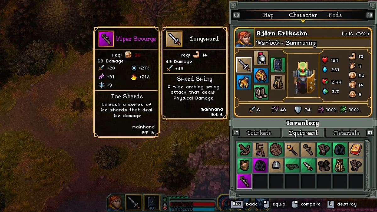 Warlock class menu in Heroes of Hammerwatch 2