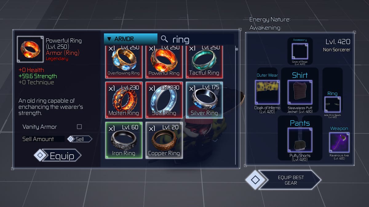 Rings selection menu in Jujutsu Infinite