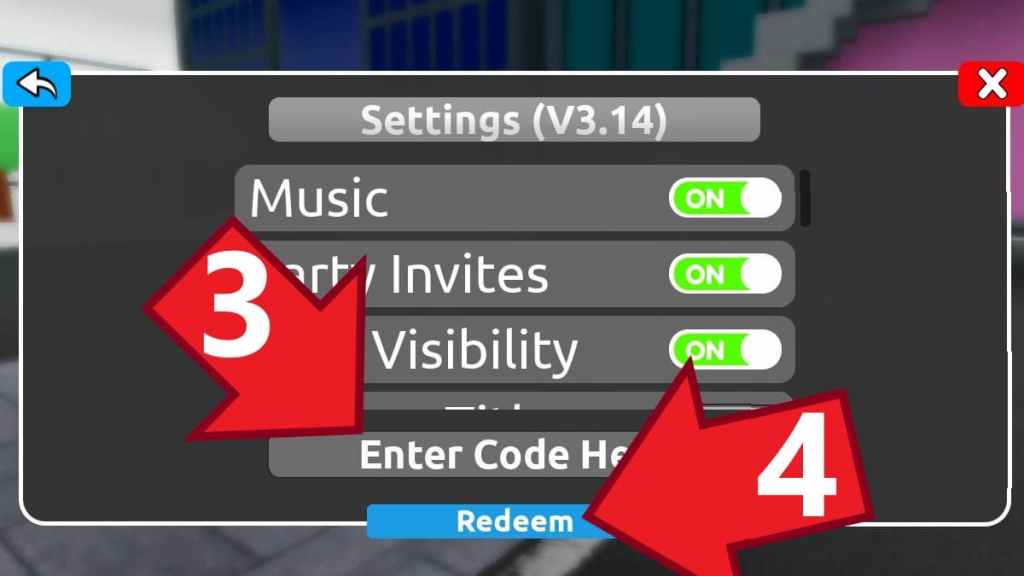 World of Heroes Settings menu, Enter Code Here text box, and the Redeem button