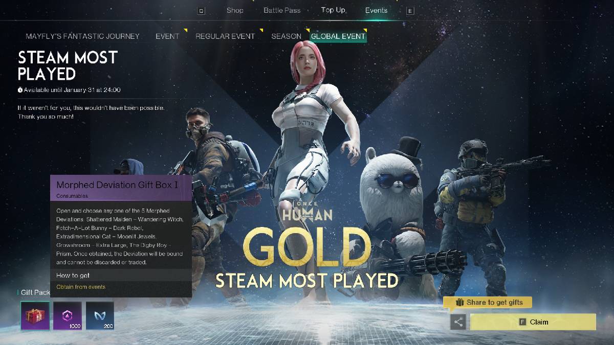 Pagina degli eventi più giocati su Steam in Once Human.