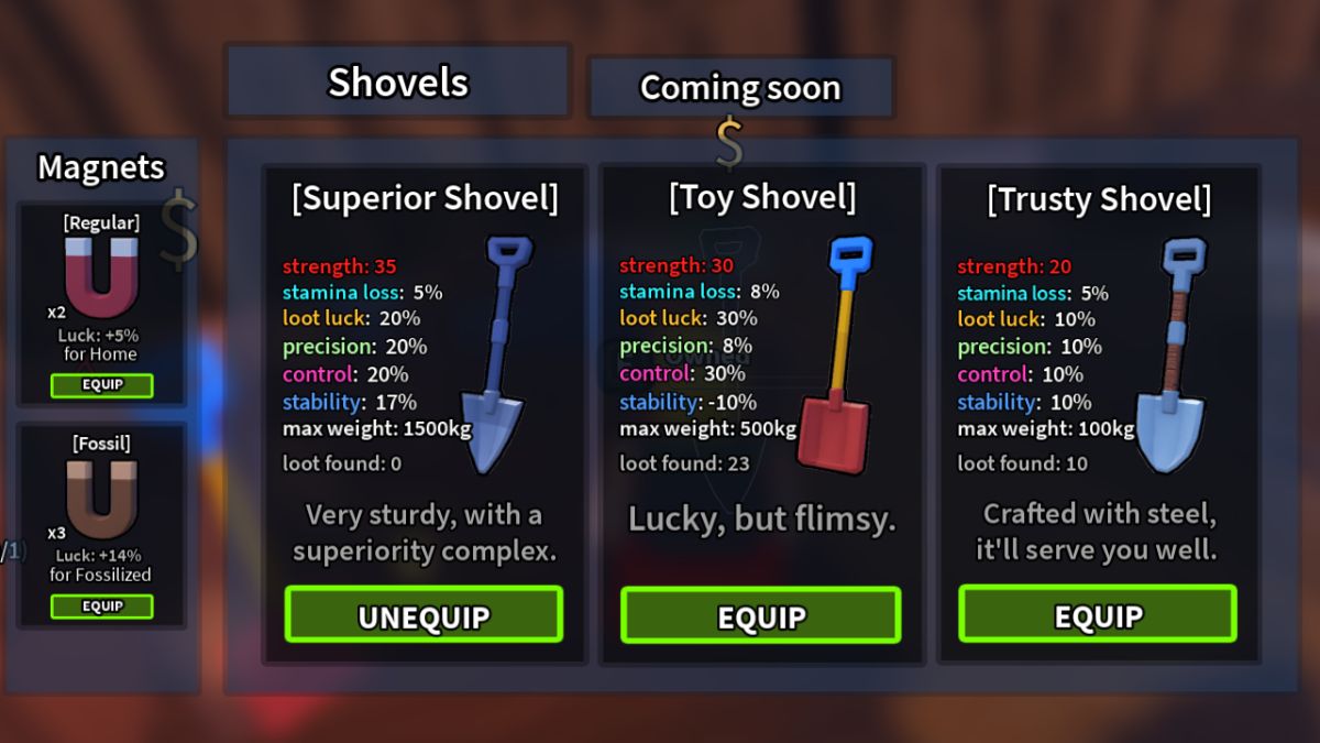 Shovels in Dig It Roblox