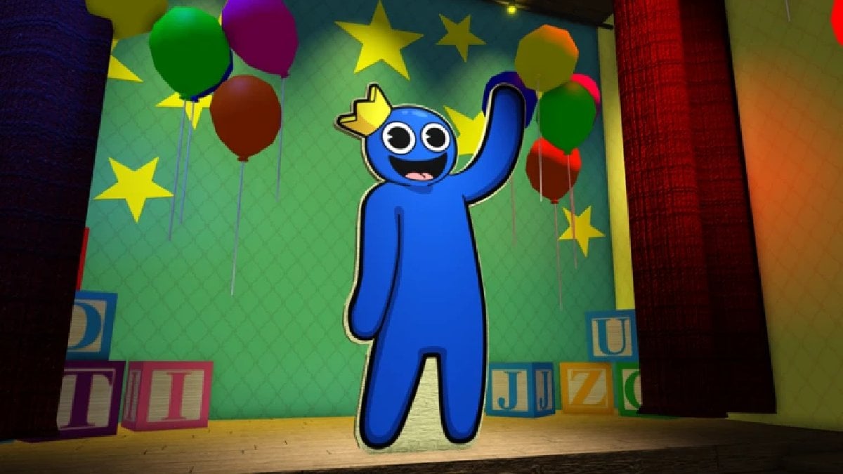 Blue waving on stage in Rainbow Friends on Roblox.