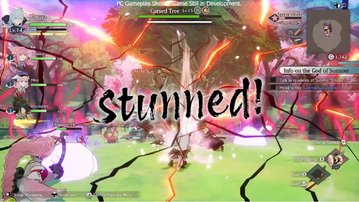 Cursed Tree getting stunned by Kaguya and team in Rune Factory: Guardians of Azuma.