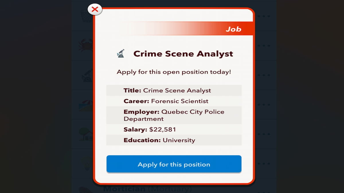 The BitLife Criminal Analyst Job Post