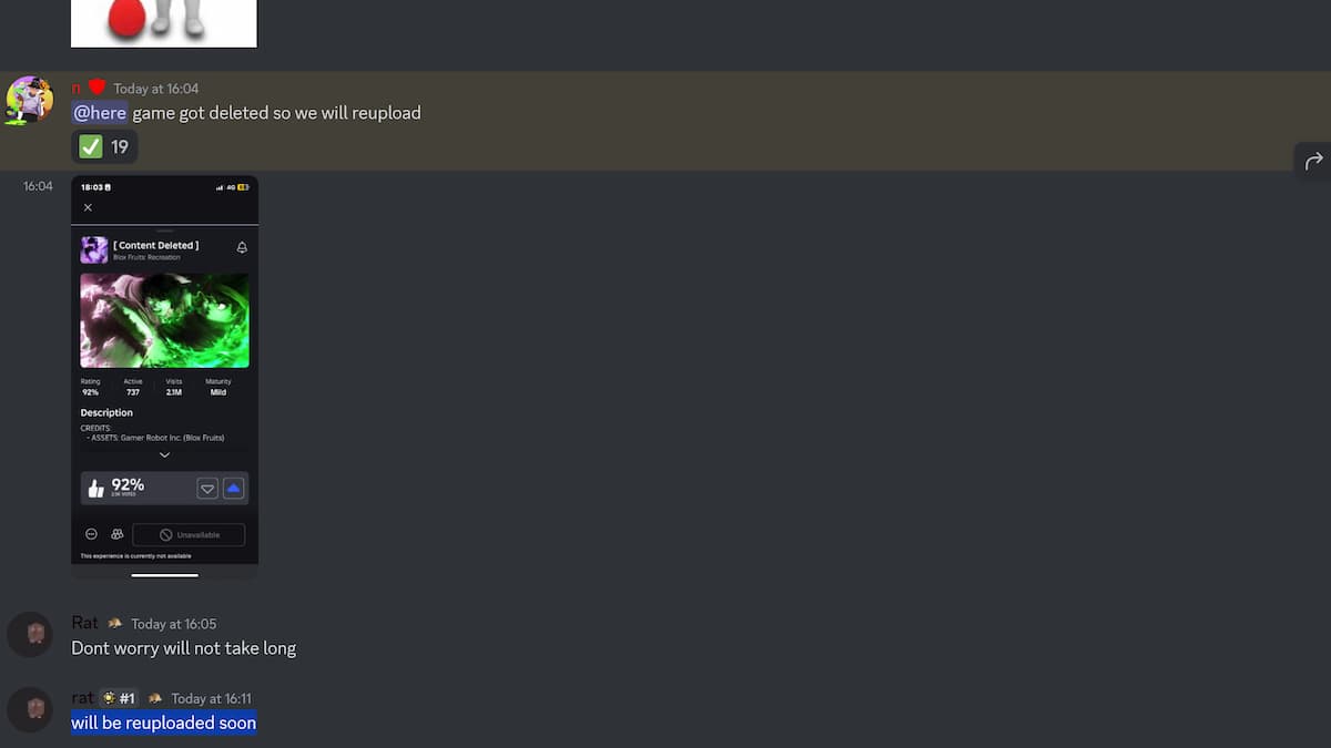 Blox Fruits recreation Discord message