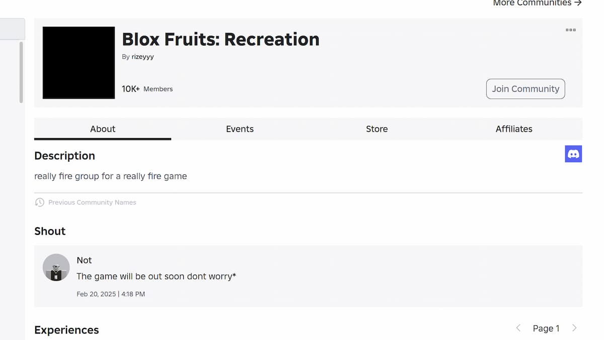 Blox Fruits recreation Roblox group shout message