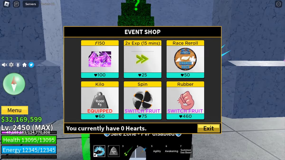 An image showing the Valentine's Day event 2023 shop showing rerolls and devil fruit such as spin