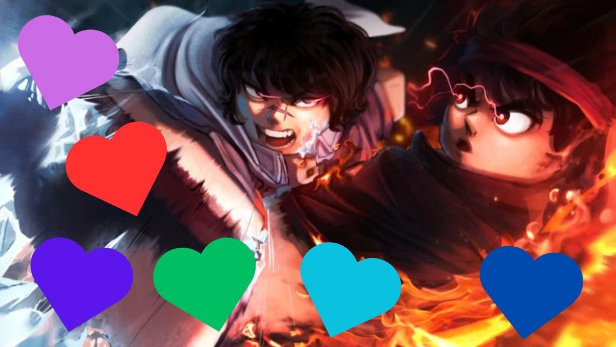 An black haired avatar surrounding in pink flame for a Blox Fruits Valentine Banner but with different colored hearts on it