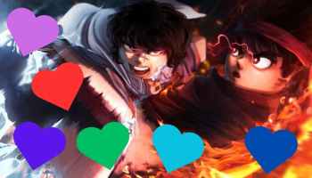 An black haired avatar surrounding in pink flame for a Blox Fruits Valentine Banner but with different colored hearts on it