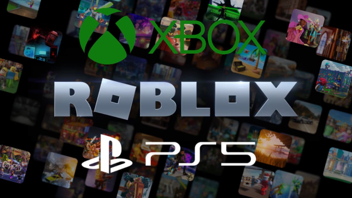 Roblox logo image showing games in small boxes with Xbox and PlayStation 5 logos