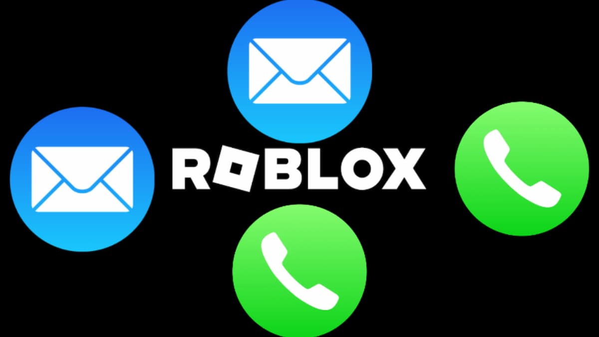 Black image with white Roblox logo with two green phone logos and two blue email logos