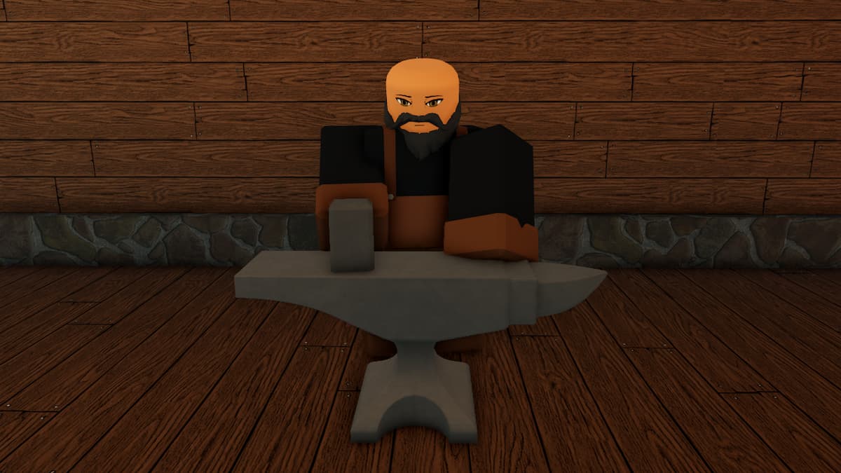 A NPC avatar bald with black facial hair hammering an anvil