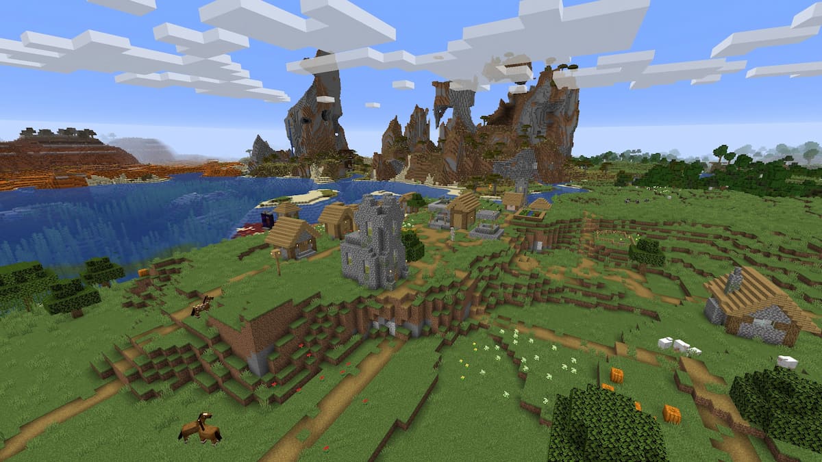 A Minecraft Plains Village with a Blacksmith and a Ruined Nether portal with a Pillager Outpost in the background