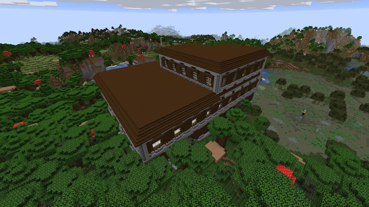 A Woodland Mansion inside of a Minecraft Swamp biome with a ruined Nether portal