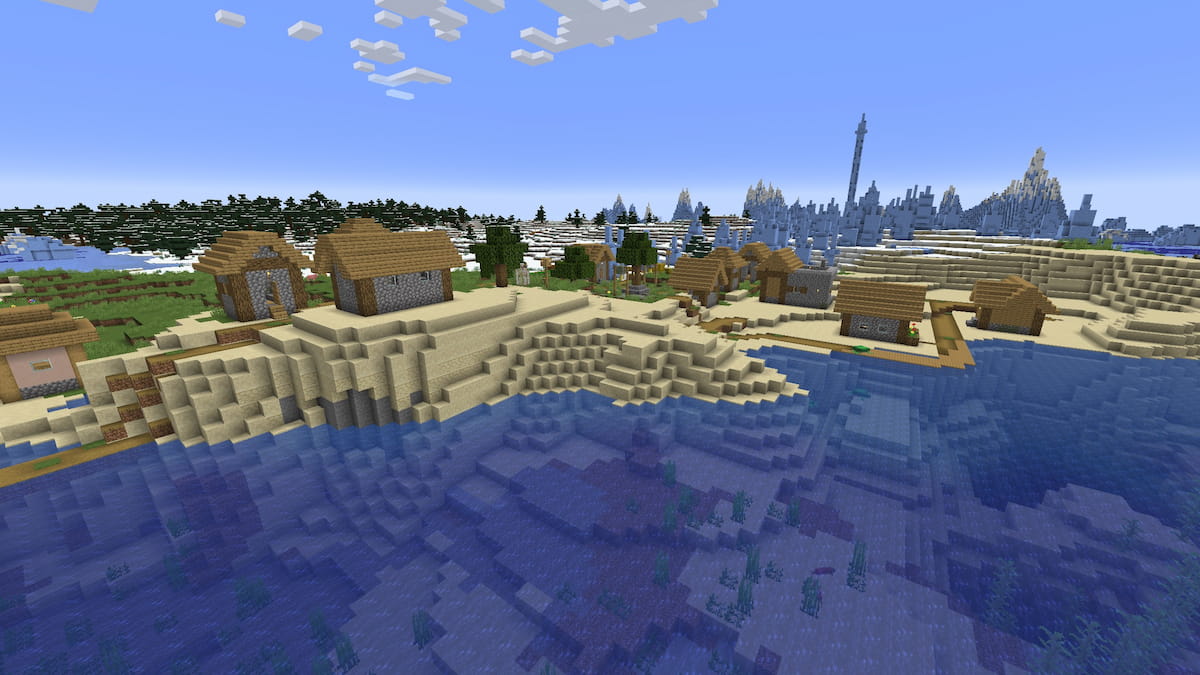 A Minecraft Blacksmith Village on Beach and Ice Spikes biomes