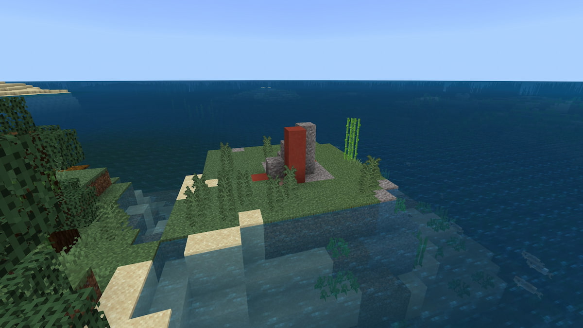 A set of Trail Ruins on a small square platform by a Minecraft ocean