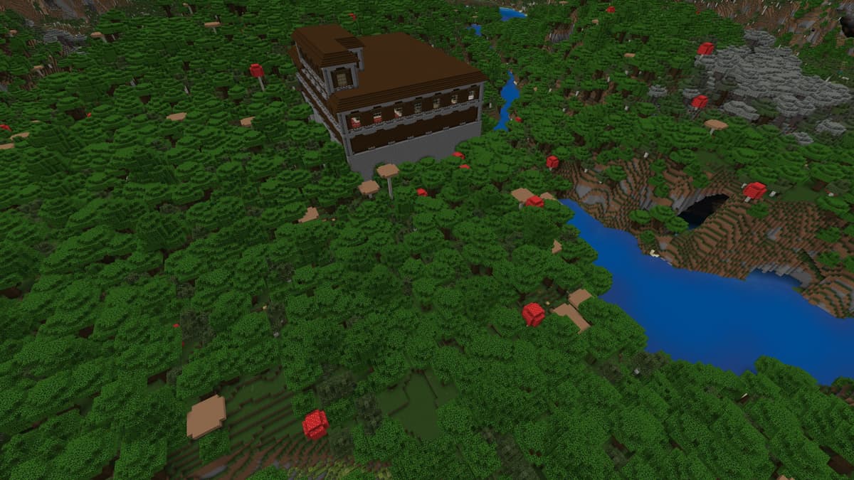 A Woodland Mansion with a Lush Cave and a Pale Garden next to a canyon river in Minecraft