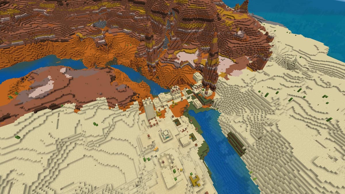 A Minecraft Desert Village by a ravine in a Badlands biome