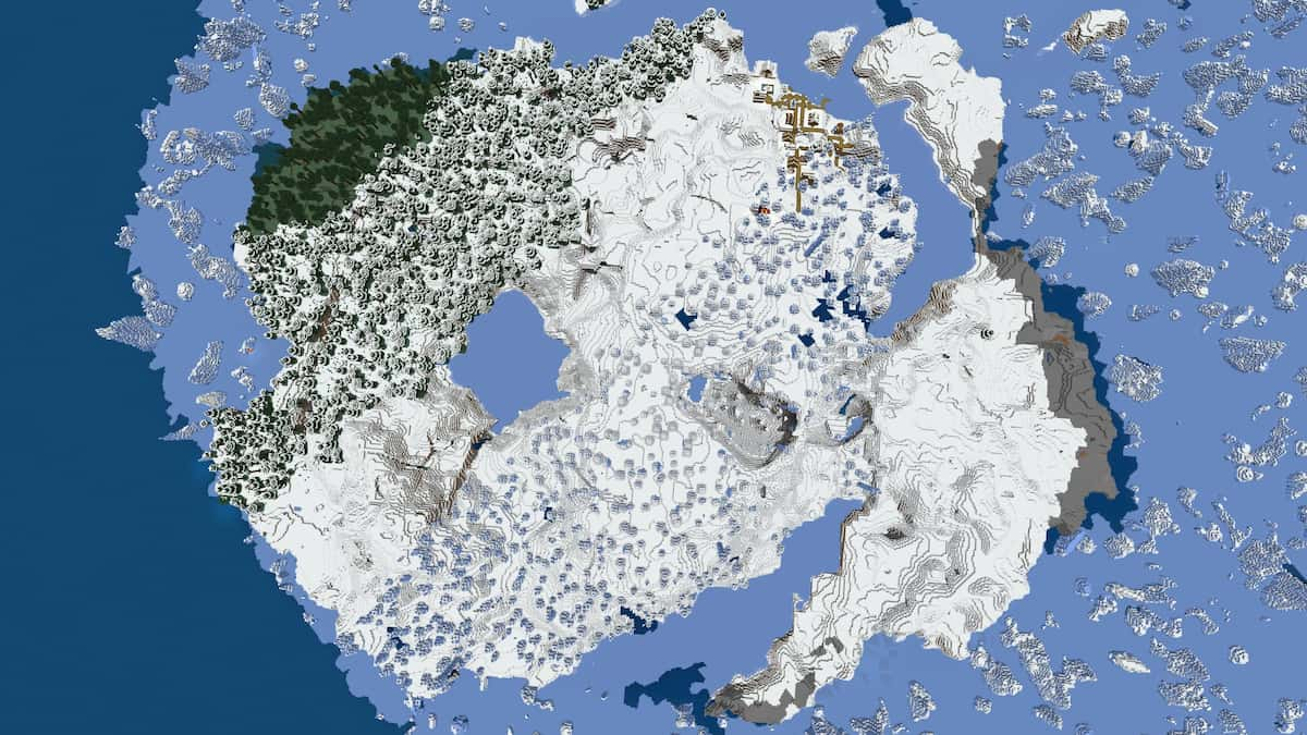 An Ice Spikes island with a ruined Nether portal and a Snowy Village in Minecraft