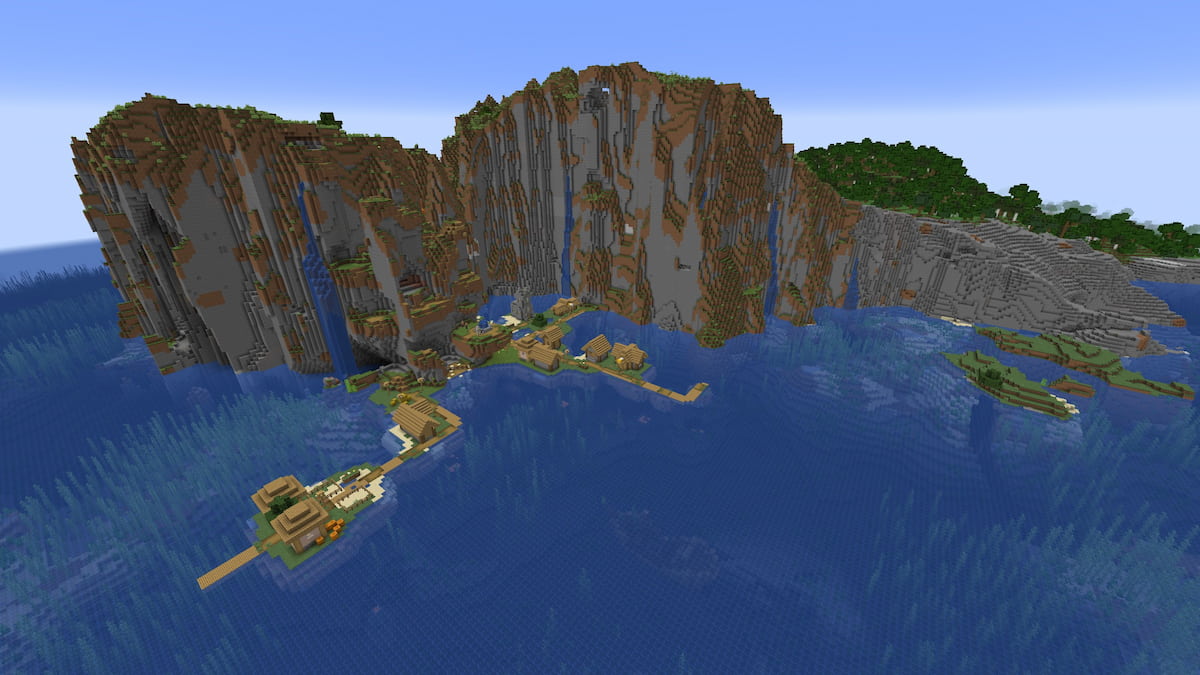 A Minecraft island with a Plains Village on a sheer cliff