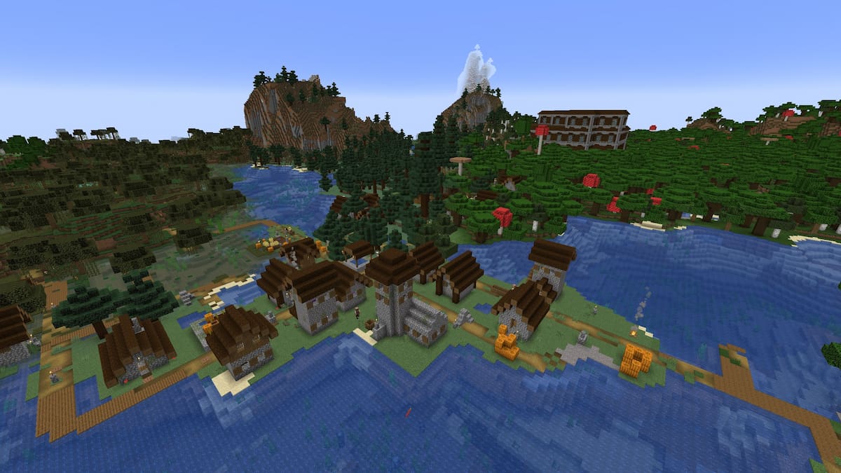 A large Minecraft Taiga Village with a Woodland Mansion in the background