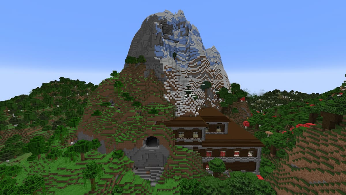 A Minecraft Woodland Mansion with its back half inside of a Frozen Peaks mountain