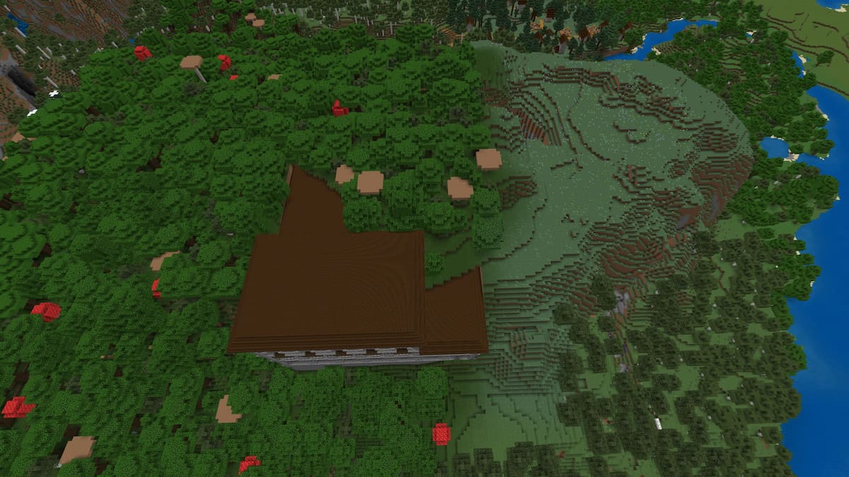 A Woodland Mansion partially inside of a Meadow Mountain with a Taiga Village behind it in Minecraft