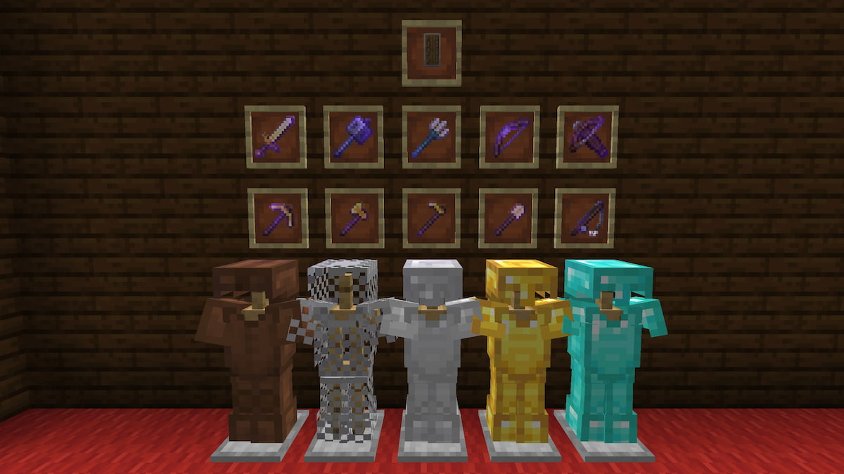 Enchanted armor, weapons, and tools on armor stands and item frames in Minecraft