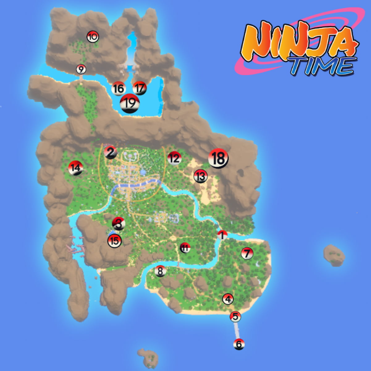 A map showing boss locations in Ninja Time with numbers