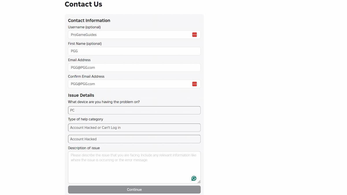 A Roblox customer support form for losing access to Roblox account