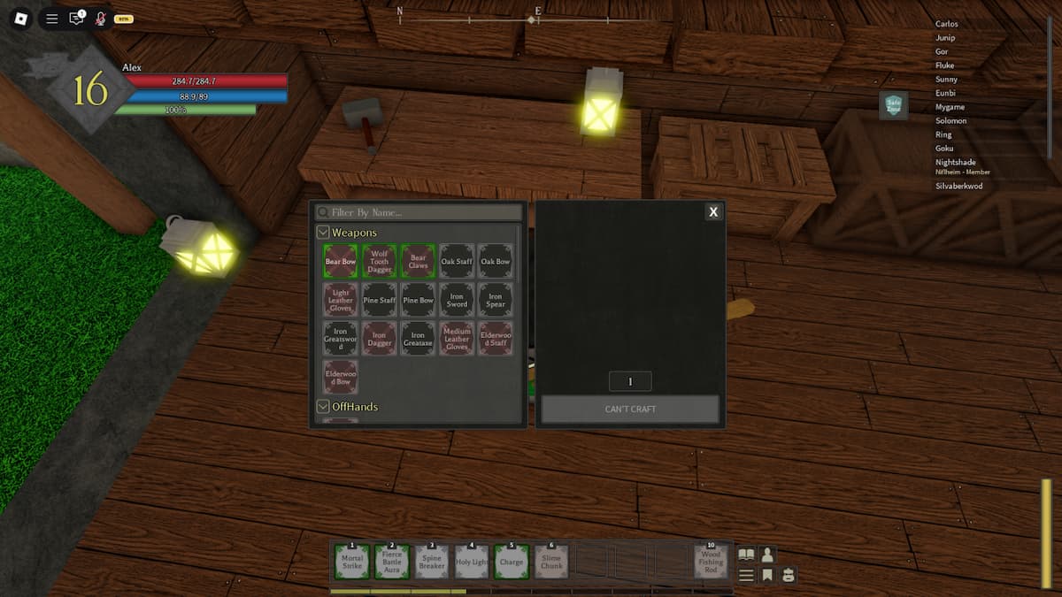 A window showing what recipes you can crafting using a crafting bench in Rune Slayer