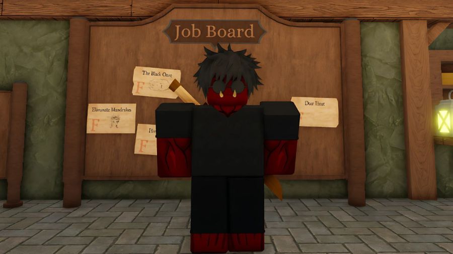 player in front of the job board in rune slayer roblox experience