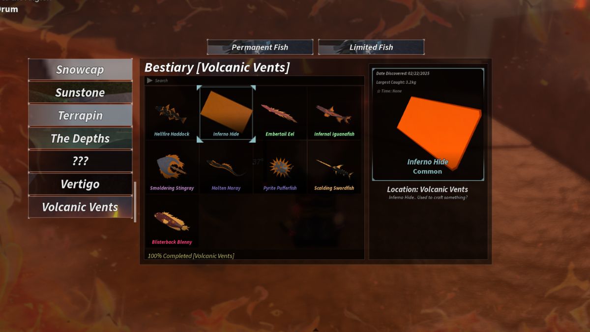 Inferno Hide in the Volcanic Vents Bestiary in Fisch