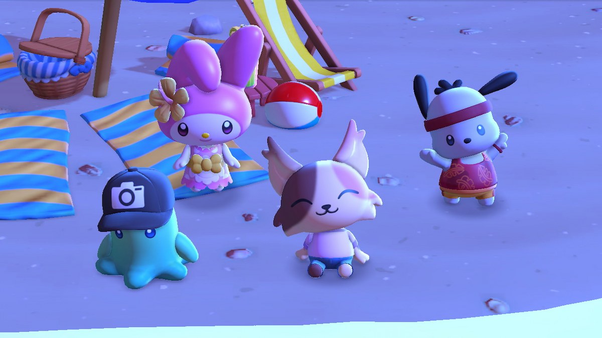 Cat player sitting on the beach in Hello Kitty Island Adventure with Sanrio characters My Melody and Pochacco and a photo op nul.