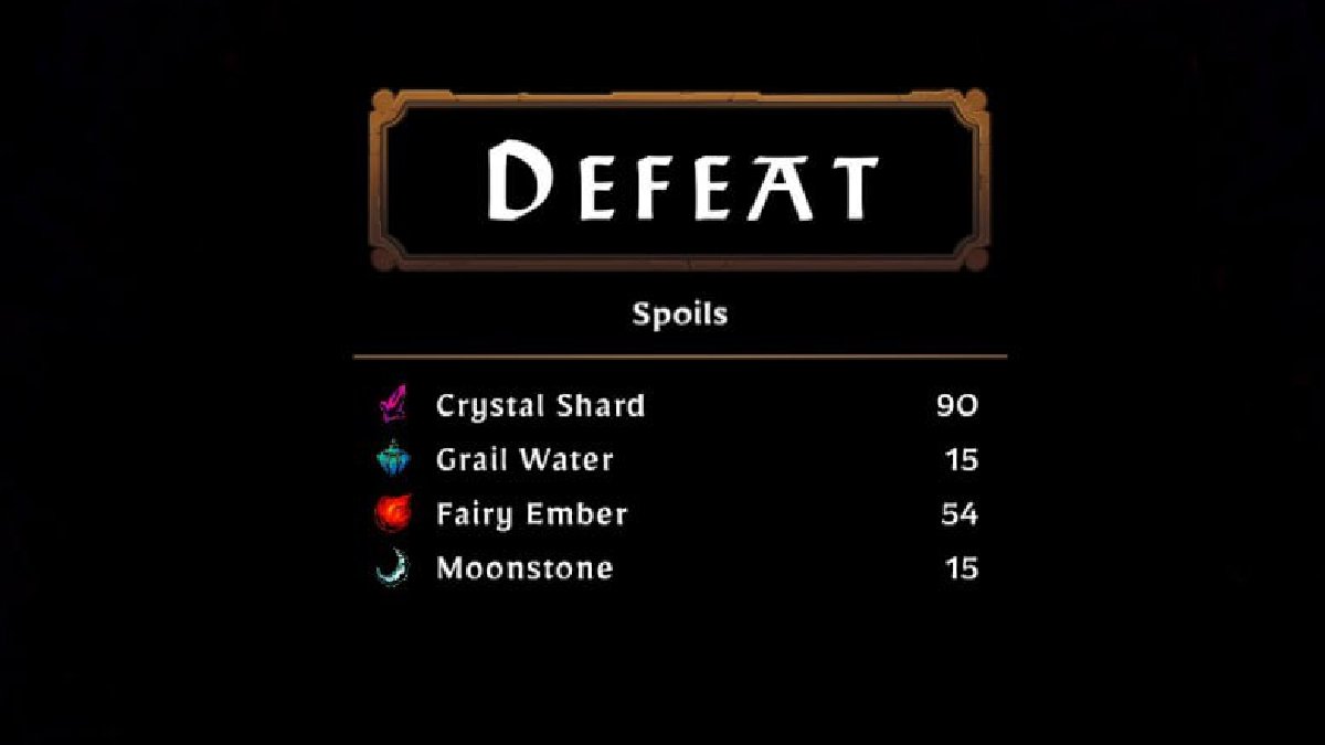 Defeat screen with 90 Crystal Shards, 15 Grail Water, 54 Fairy Ember, and 15 Moonstone in SWORN.