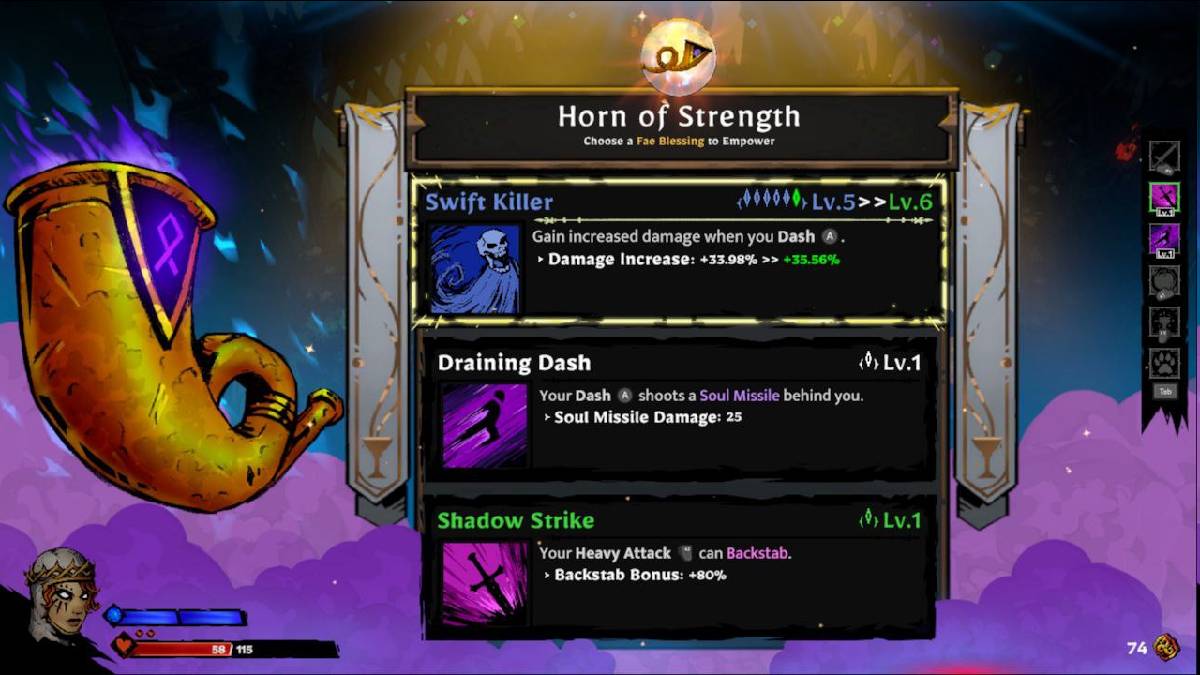 Horn of Strength page featuring Swift Killer, Draining Dash, and Shadow Strike in SWORN.
