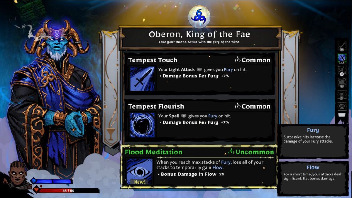 Oberon's Blessing menu in SWORN.