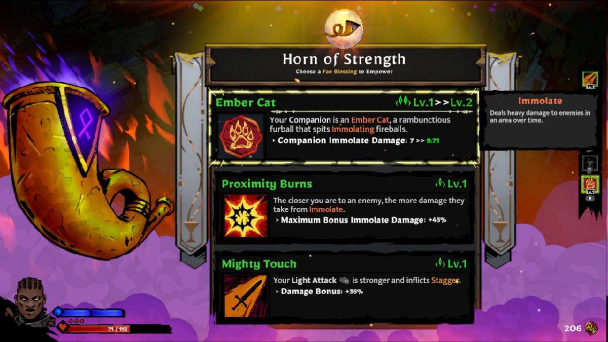 Rook's Horn of Strength featuring Ember Cat, Proximity Burns, and Mighty Touch in SWORN.