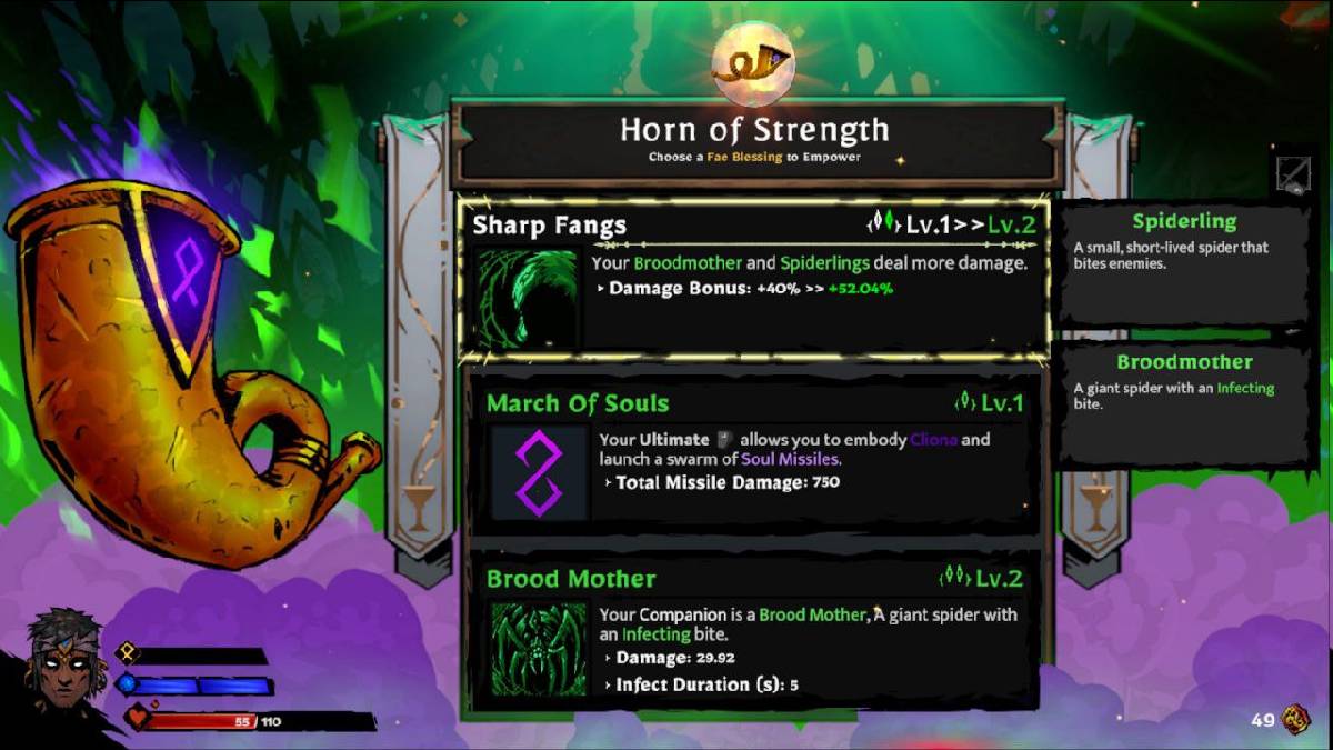 Specter's Horn of Strength screen featuring Sharp Fangs, March of Souls, and Brood Mother in SWORN.