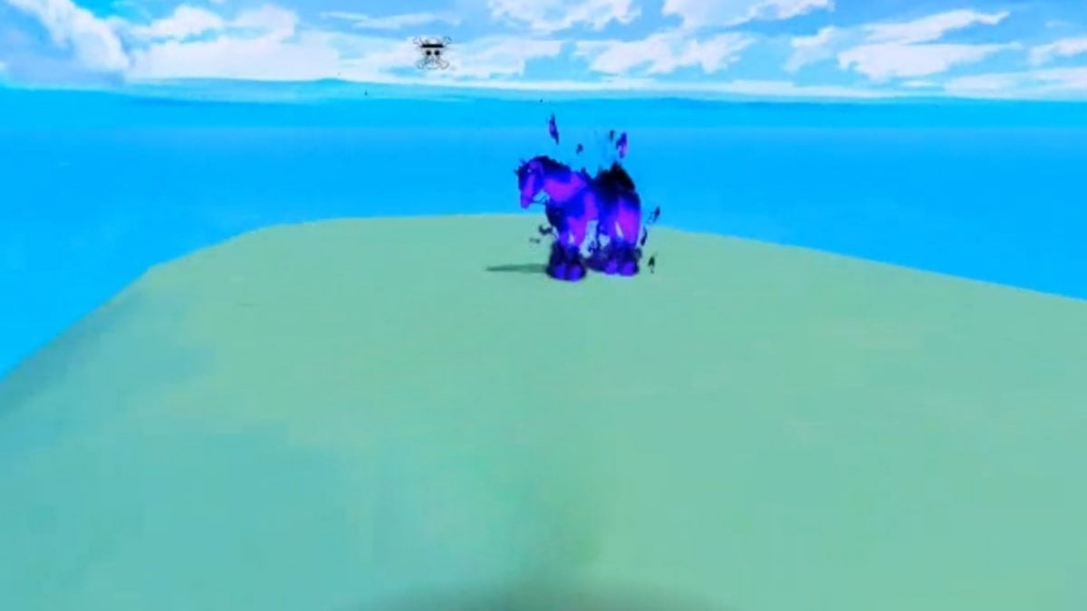 A purple horse that looks like purple fire standing on a grassy island with the blue ocean behind