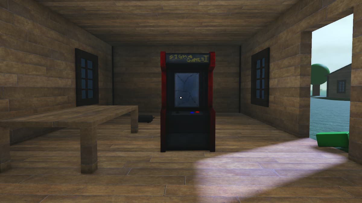 A red arcade cabinet in a wooden house with door open letting sunshine inside