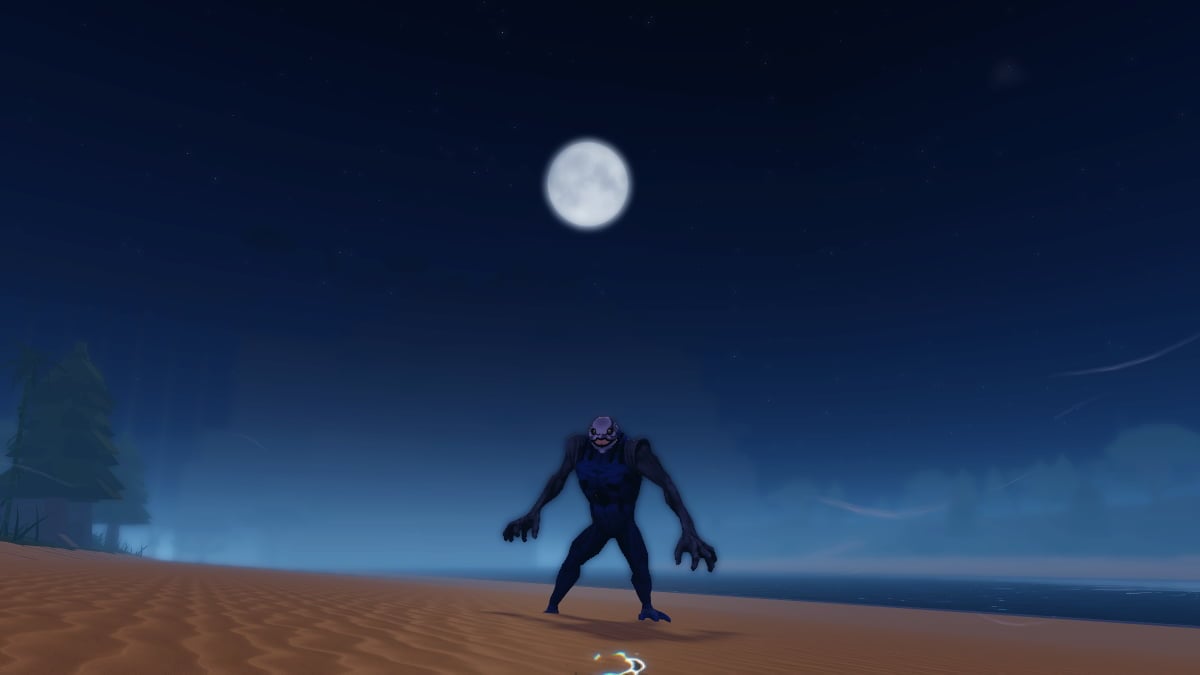 A black Hollow creature standing on a sandy beach with water behind and the moon shining in the black night sky