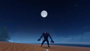 A black Hollow creature standing on a sandy beach with water behind and the moon shining in the black night sky