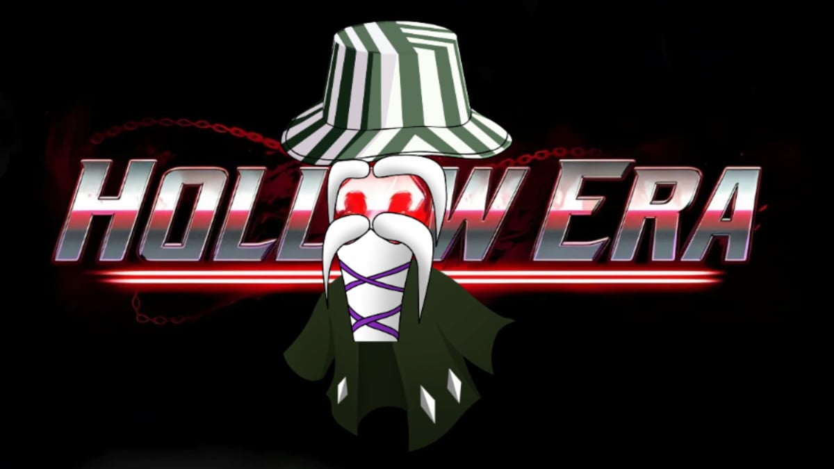 The Hollow Era banner logo wearing a green and white hat, a white braided long beard, and a green cloak