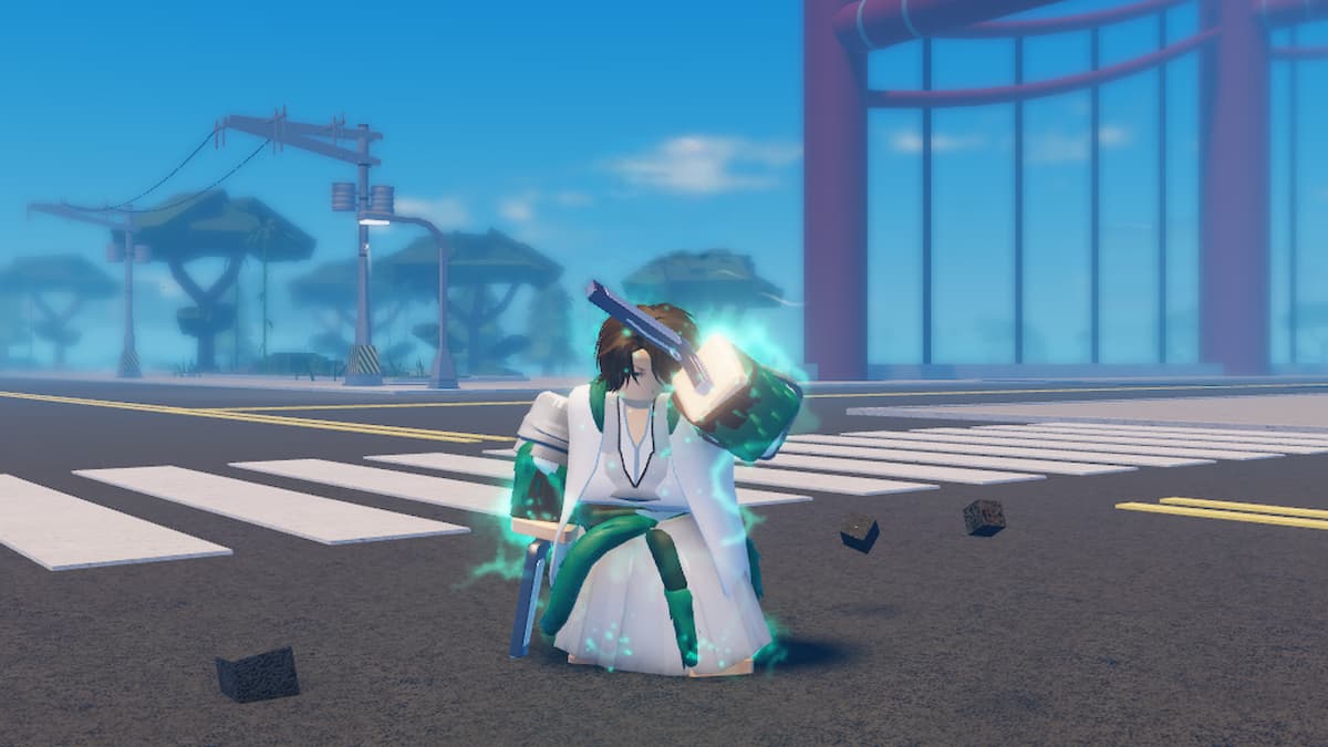 A white robed figure posing while holding a good and glowing green in the middle of the road