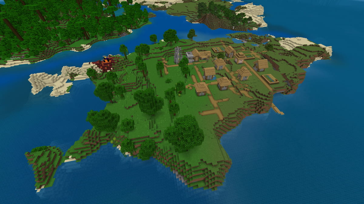 A small Minecraft island with a Plains Village with a Blacksmith and a ruined Nether portal