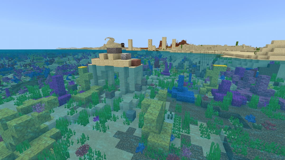 A cluster of Warm Ocean Ruins in a Coral Reef by a Desert Village in Minecraft