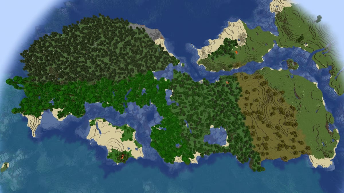 A Minecraft island with five forest biomes and a ruined Nether portal