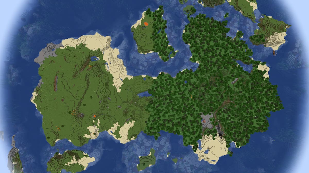 A Minecraft island made up of a large cave, a Forest, and a Plains biome